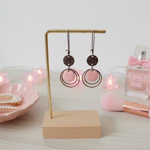 Boucles d'oreilles anneaux cuivre rouge et sequin émail rond