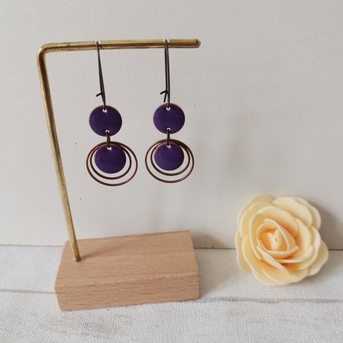 Boucles d'oreilles anneaux cuivre rouge et sequin émail rond
