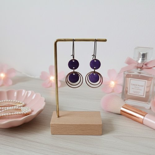 Boucles d'oreilles anneaux cuivre rouge et sequin émail rond