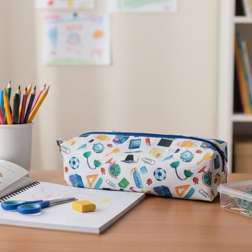 Trousse d'école enfant double entoilage motifs fournitures scolaires