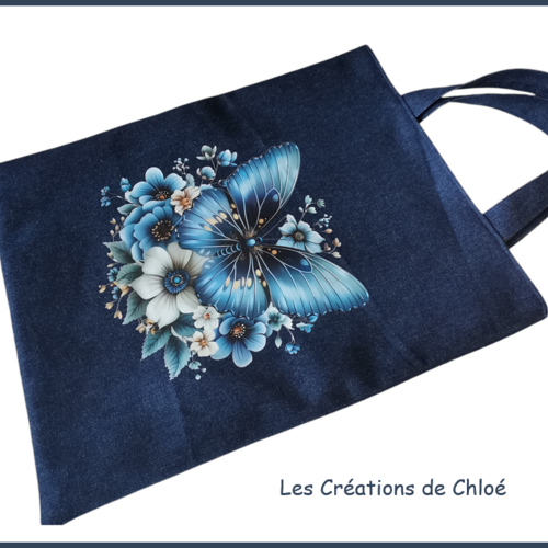 Tote bag doublé jean motif papillon et fleurs