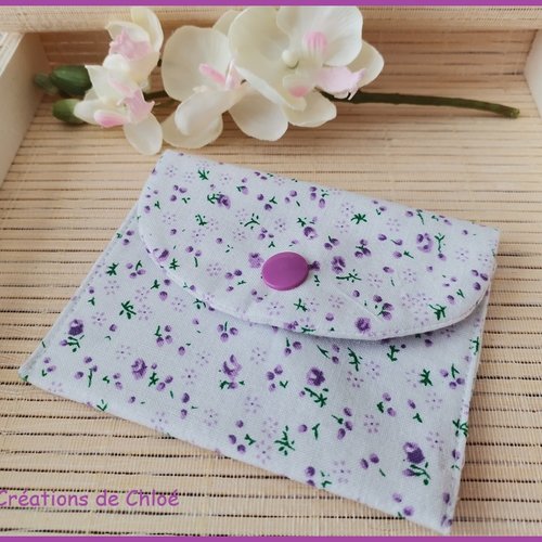 Porte carte ou monnaies tissus coton blanc fleurs violettes