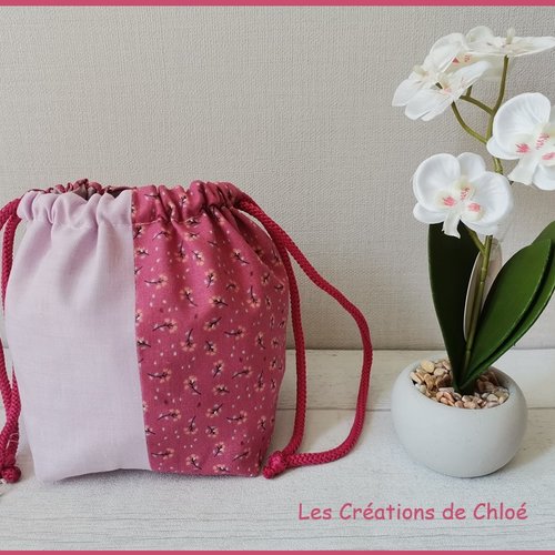 Pochon / sac en patchwork origami mauve et prune