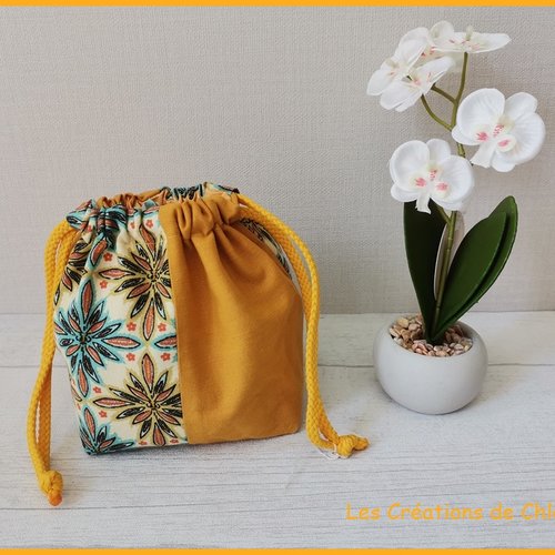 Pochon / sac en patchwork origami moutarde