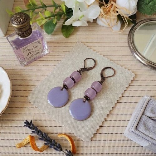 Boucles d'oreilles pendentif émail et perles en verre colonne
