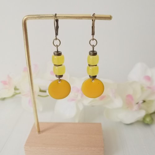 Boucles d'oreilles pendentif émail et perles en verre colonne