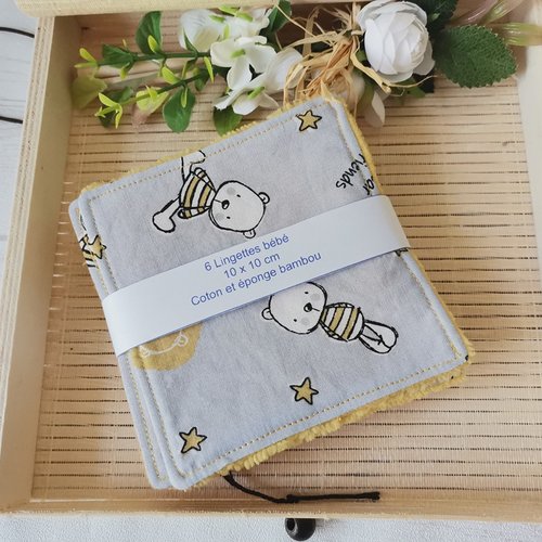 6 lingettes bébé coton et éponge bambou