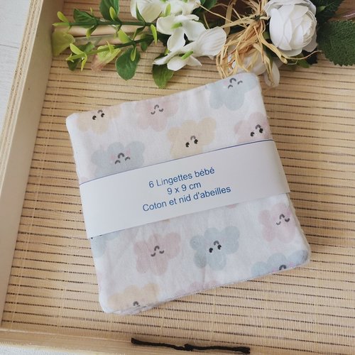 Lot de 6 lingettes bébé coton et nid d'abeilles blanche
