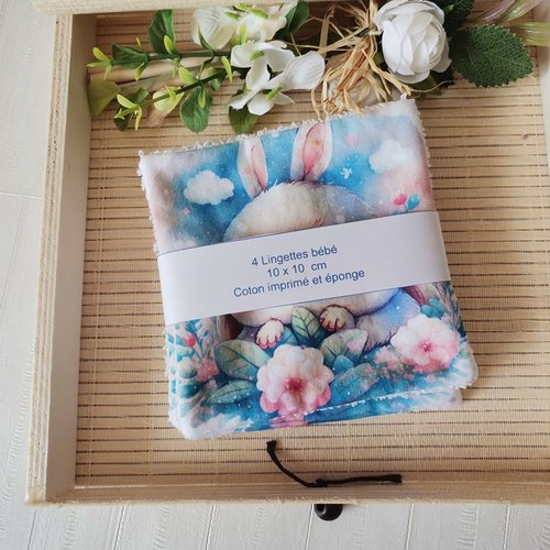 Lot de 4 lingettes bébé coton imprimé animaux