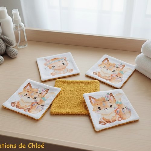 Lot de 4 lingettes bébé coton imprimé animaux