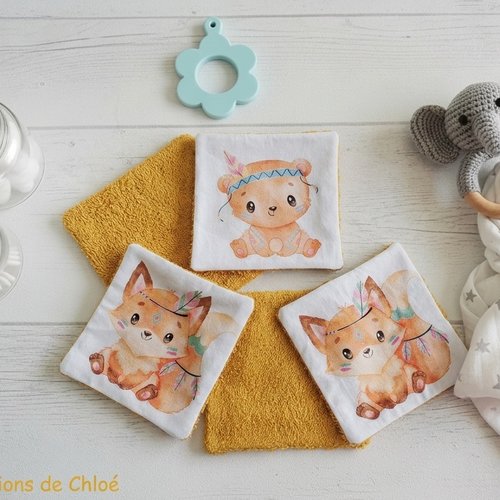 Lot de 4 lingettes bébé coton imprimé animaux