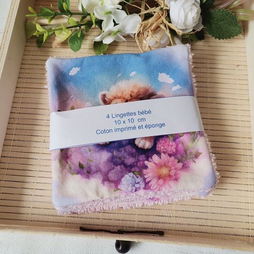 Lot de 4 lingettes bébé coton motifs lionceaux et éponge rose