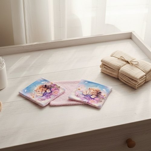 Lot de 4 lingettes bébé coton motifs lionceaux et éponge rose