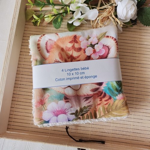 Lot de 4 lingettes bébé coton imprimé animaux