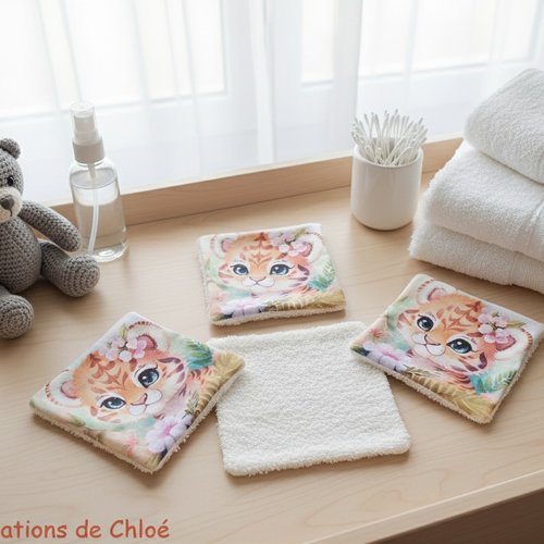 Lot de 4 lingettes bébé coton imprimé animaux