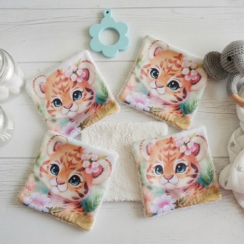 Lot de 4 lingettes bébé coton imprimé animaux