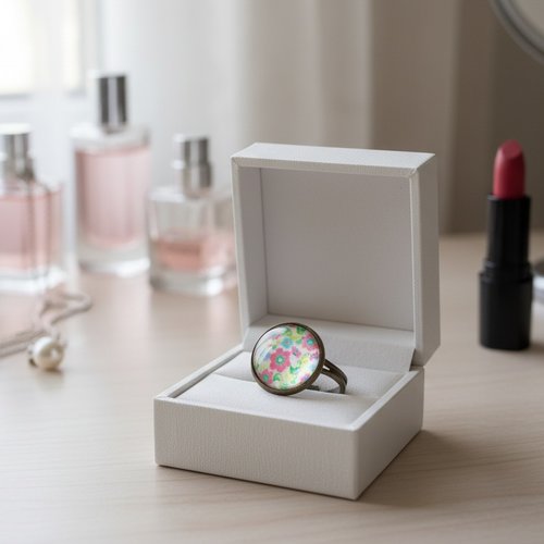 Bagues cabochon verre 16 mm motifs fleurs multicolores