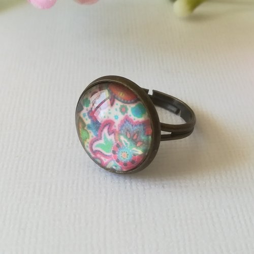 Bagues cabochon verre 16 mm motifs multicolores