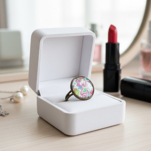 Bagues cabochon verre 16 mm motifs multicolores