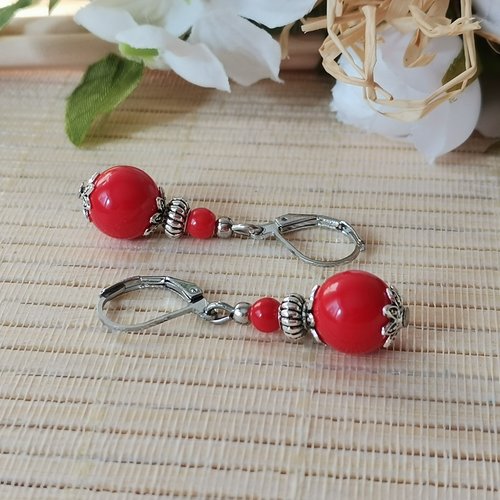 Boucles d'oreilles perles rouge imitation jade