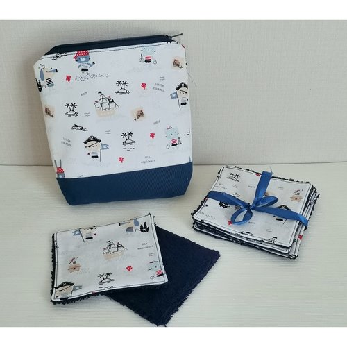 Pochette et 6 lingettes bébé couleur bleu marine et motif marin
