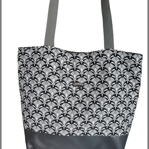 Sac cabas chic simili gris et motif noir doré