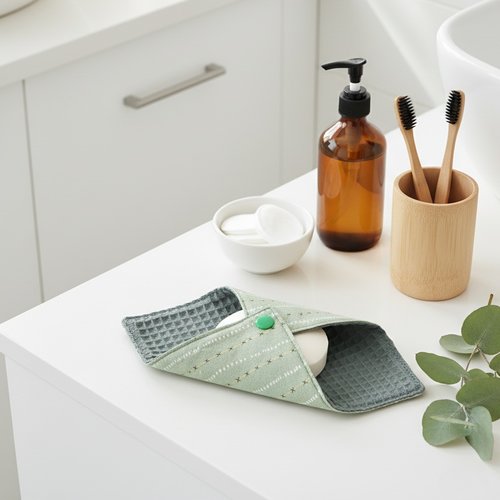 Pochette à savon tissus bleu et motifs géométriques