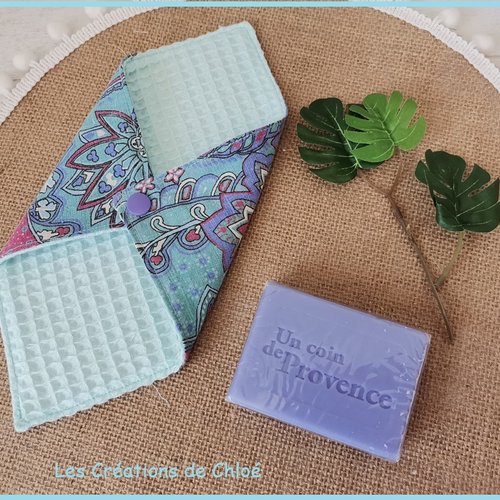 Pochette à savon tissus bleu et motifs imprimé