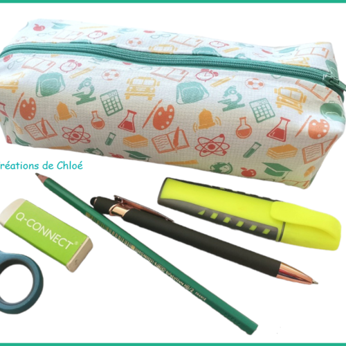 Trousse écolier vert blanc orange motifs fournitures scolaires
