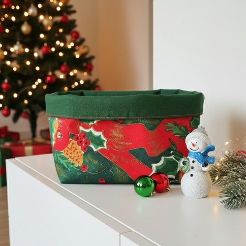 Panier tissu motif noël vert et rouge