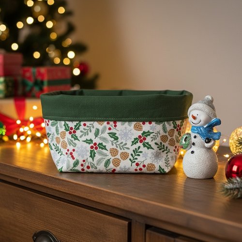 Lot de 2 petits paniers tissus motif houx blanc et vert