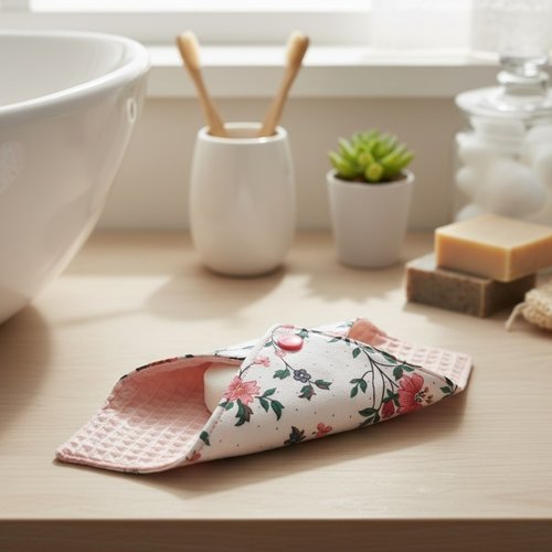 Pochette à savon tissus saumon et motif fleurs