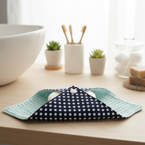 Pochette à savon tissus bleu ciel et motifs à pois