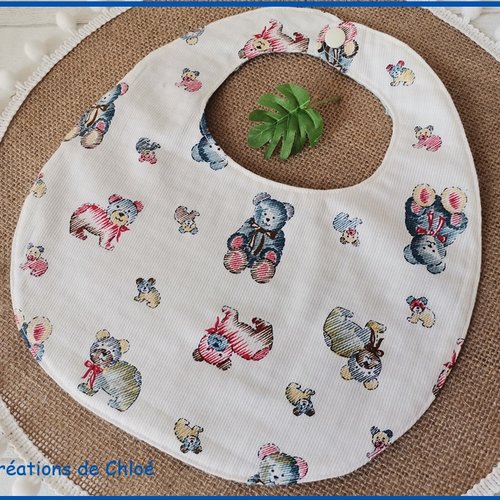 Bavoir bébé coton motif oursons et nid d'abeilles bleu