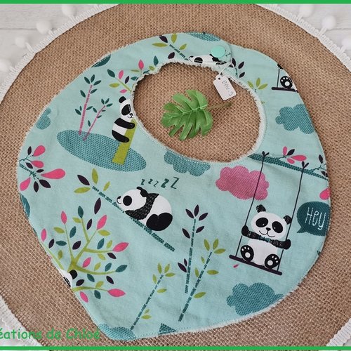 Bavoirs bébé coton vert motifs panda et éponge bambou