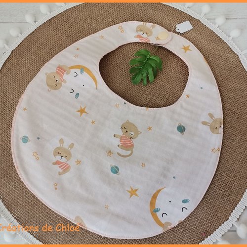 Bavoir bébé coton motif animaux et nid d'abeilles saumon clair