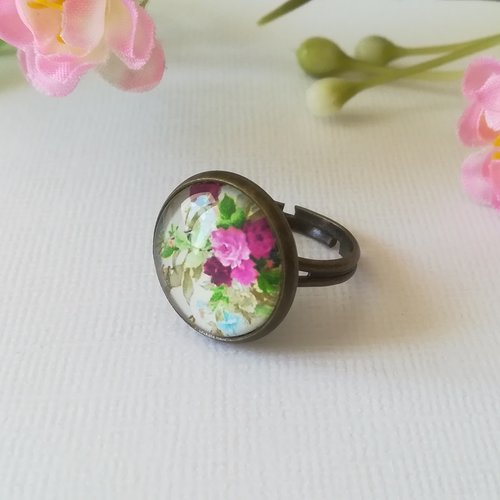 Bagues cabochon verre 16 mm fleur rose