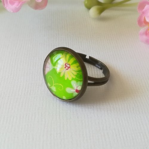 Bagues cabochon verre 16 mm motifs fleurs multicolores