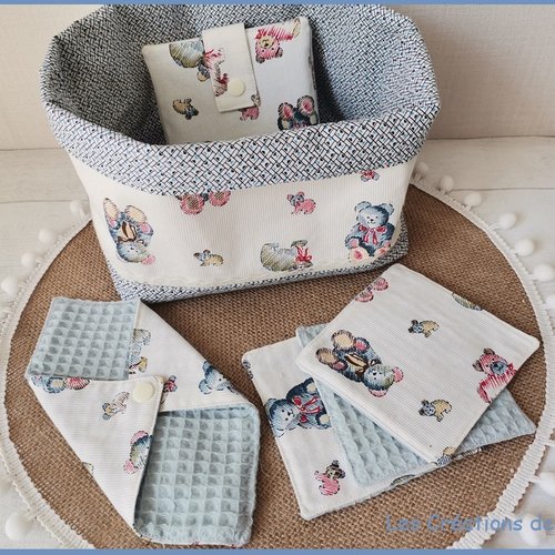 Ensemble naissance tissu blanc et bleu motif oursons