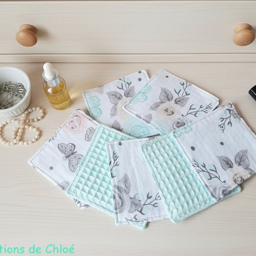 Lot de 8 lingettes démaquillantes coton imprimé et nid d'abeilles