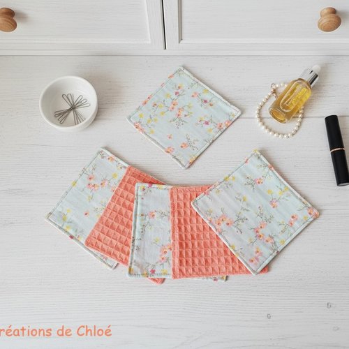 Lot de 8 lingettes démaquillantes coton imprimé et nid d'abeilles