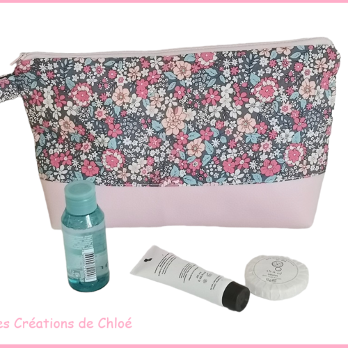 Trousse de toilette femme tissu motifs fleur et simili cuir rose