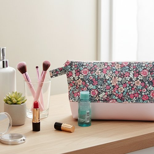 Trousse de toilette femme tissu motifs fleur et simili cuir rose