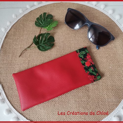 Etui à lunette en simili cuir rouge et tissus motifs houx