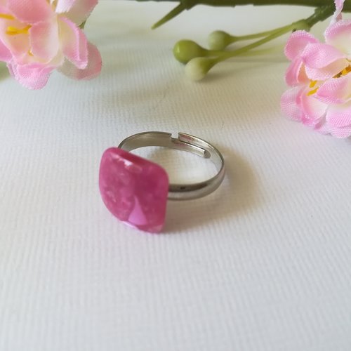 Bague anneaux acier inoxydable et cabochon résine carré prune