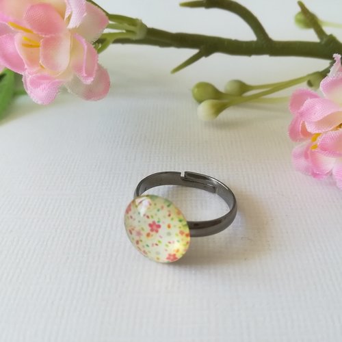 Bague anneaux gunmétal acier inoxydable et cabochon verre point multicolore