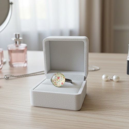 Bague anneaux gunmétal acier inoxydable et cabochon verre point multicolore