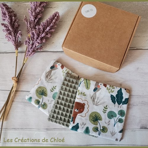Boite de 10 lingettes lavables pour bébé coton et nid d'abeilles kaki