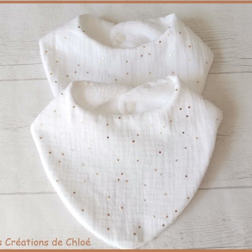 Lot de 2 bavoirs bébé double gaze blanche et éponge bambou