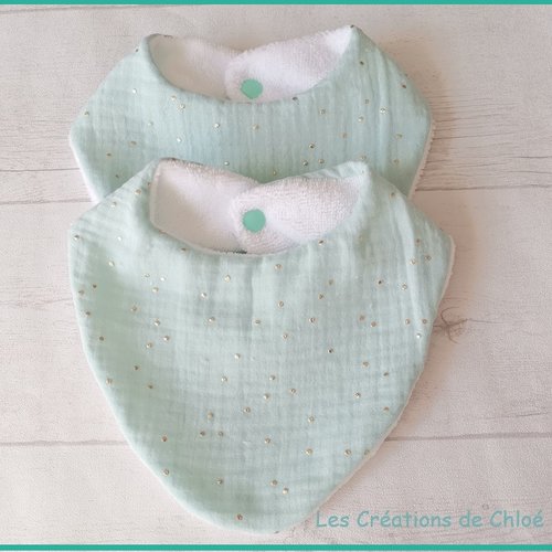 Lot de 2 bavoirs bébé double gaze vert et éponge bambou